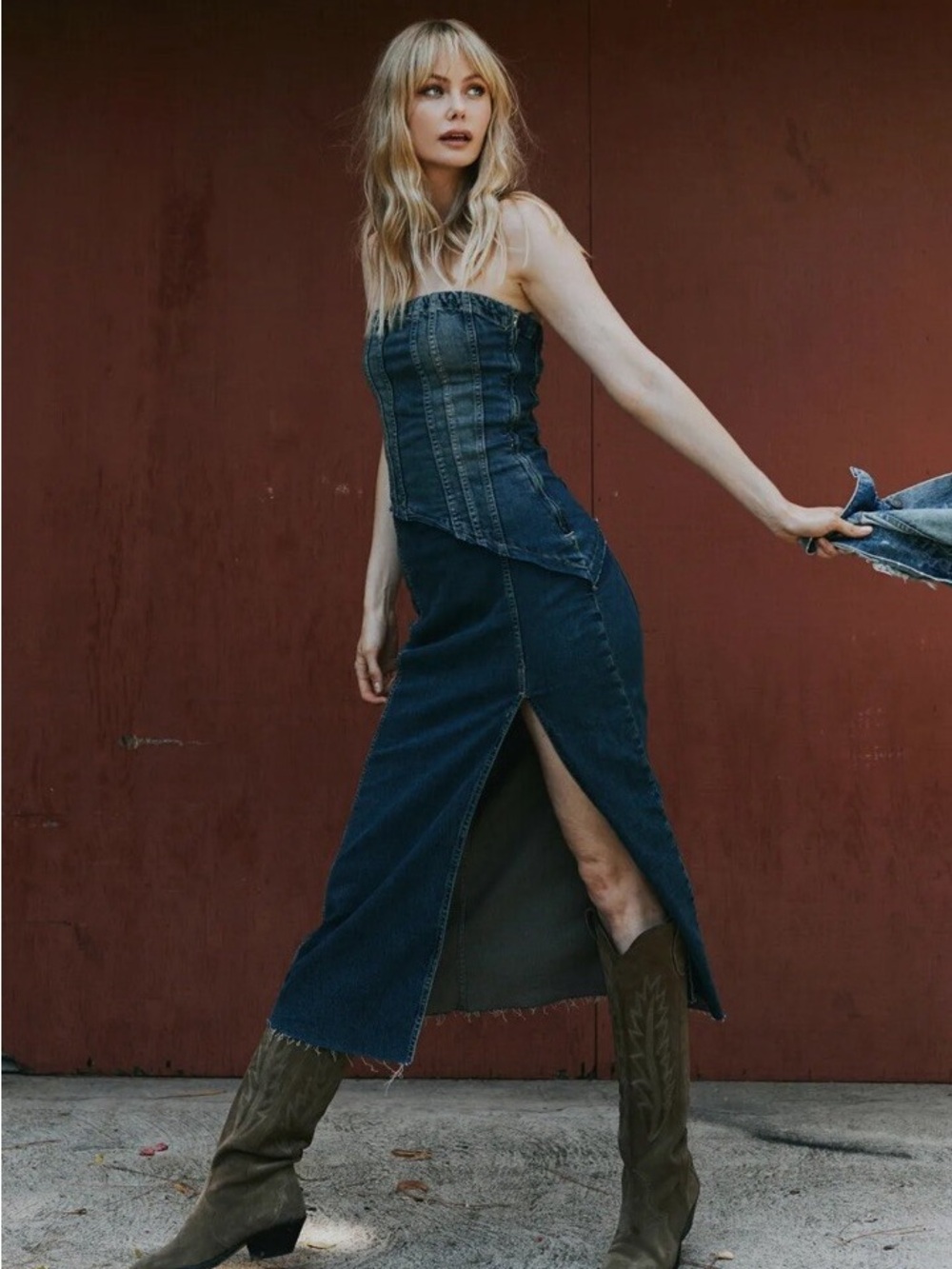 Zara Navy Strapless Denim Maxi Skirt with High Front Slit